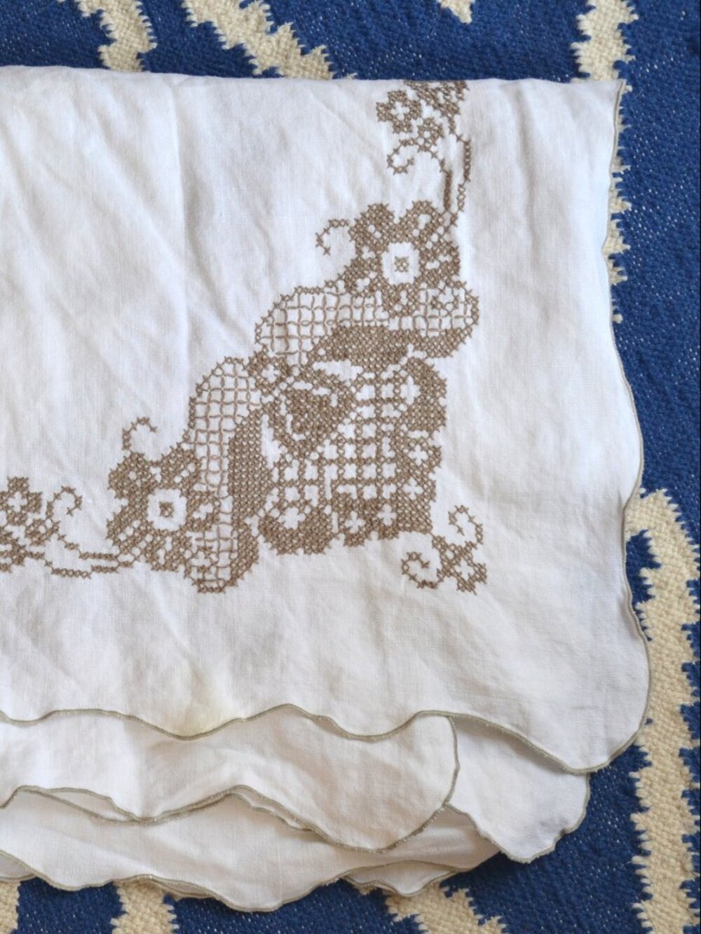Vintage Linen Cross Stitch Tablecloth Needlepoint Hand Crafted White Gray 52x72
